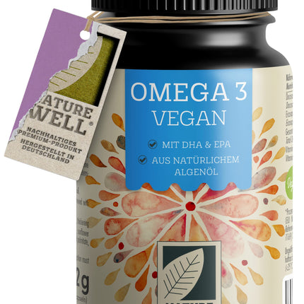 Omega-3 Vegan 60 capsules, high-dose, 2000mg Omega-3 algae oil per day with 600mg DHA &amp; 300mg EPA, vegan omega from sustainable cultivation as a fish oil alternative, laboratory-tested with certificate, NatureWell