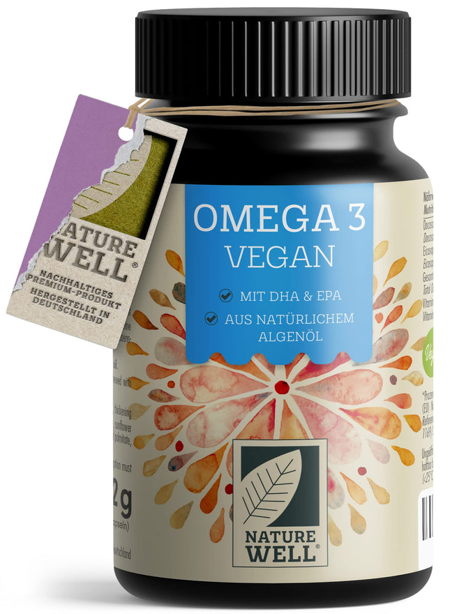 Omega-3 Vegan 60 capsules, high-dose, 2000mg Omega-3 algae oil per day with 600mg DHA &amp; 300mg EPA, vegan omega from sustainable cultivation as a fish oil alternative, laboratory-tested with certificate, NatureWell