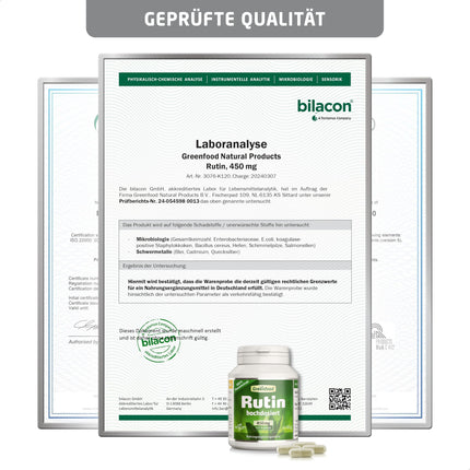 Rutin capsules, high-dose, 450 mg - 120 capsules, vegan. Pure, natural plant-based product. No artificial additives - laboratory-tested. From Greenfood.