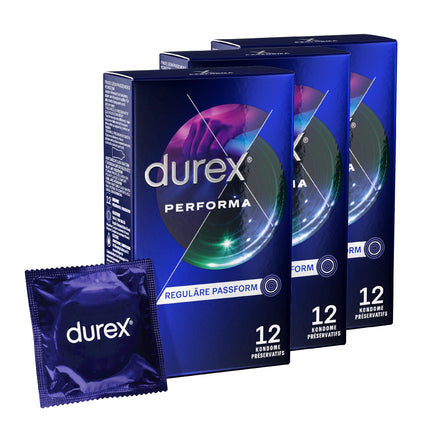 Durex Performa Condoms – Pleasant scent, comfortable fit, and easy unrolling – With 5% benzocaine gel in the condom tip – Lubricated &amp; transparent – ​​36-pack (3 x 12 pieces)