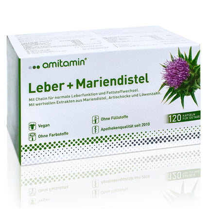 amitamin Liver + Milk Thistle Complex | High-dose capsules | Artichoke, dandelion plus choline for metabolism | 120 capsules - 4 months | Silymarin content 80% | Made in Germany | Vegan