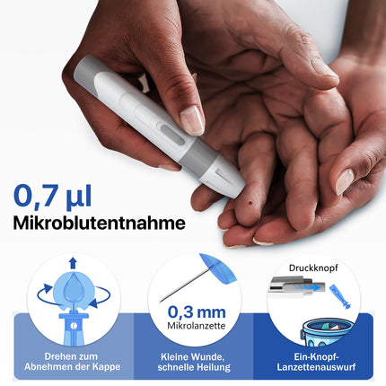Blood glucose meter set, 100 test strips, 100 lancets, 1 blood glucose meter, 1 lancing device, diabetes test set without coding, glucometer with large display, glucometer for home use