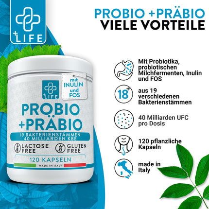 Probiotics for intestinal cleansing with prebiotics 120 capsules PiuLife 40 billion CFU intestinal detoxification, probiotic lactic ferments from 20 strains, intestinal probiotics with inulin and FOS, abdominal bloating,