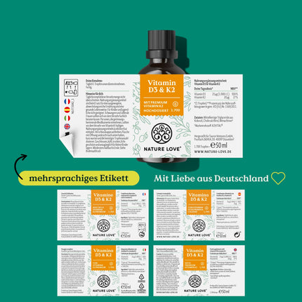 Vitamin D3 + K2 (50ml) - Highly bioavailable thanks to original K2VITAL® 99.7% all-trans - laboratory-tested 1000 IU vitamin D3 per drop (1700 drops with vitamin D + vitamin K) - in MCT oil - High dosage