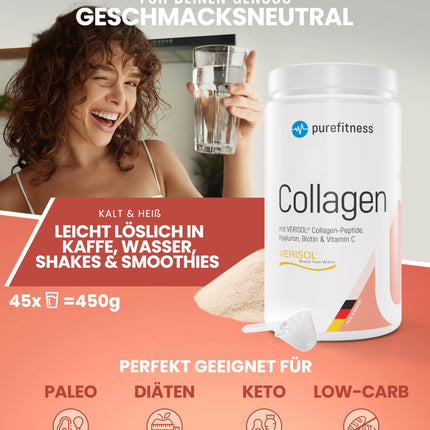Purefitness Verisol® Collagen Powder 450 g [GRADE 1.3] with BEAUTY formula - Patented Verisol® Collagen Peptide - Collagen Powder with Hyaluronic Acid, Biotin &amp; Vitamin C