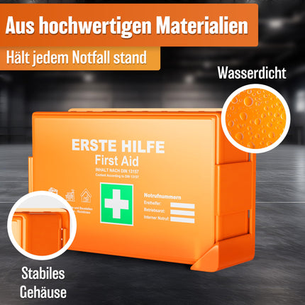 HELDENWERK first aid kit according to the new DIN 13157:2021 including wall bracket &amp; stickers | Universal first aid case for business, household or catering - office first aid kit filled, first aid kit