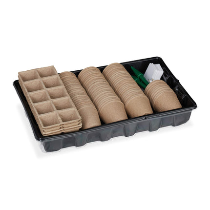 Relaxdays Growing Kit 131 Pieces, for Plants, Grow Box with Grow Pots, Transplanting Tool &amp; Plant Labels, Black