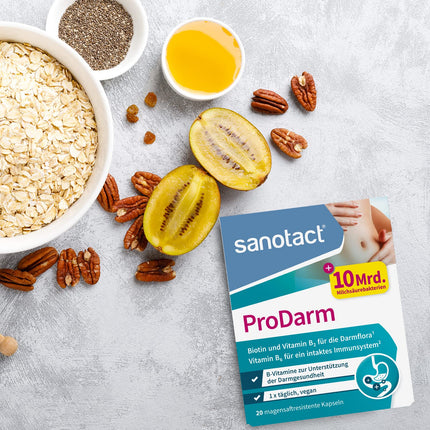 sanotact ProDarm (20 capsules) • 10 billion lactic acid cultures + 3 bacterial strains for intestinal cleansing • Bacterial cultures as a bowel cleansing treatment • With vitamins B6, B2 + biotin • Probiotic intestinal treatment