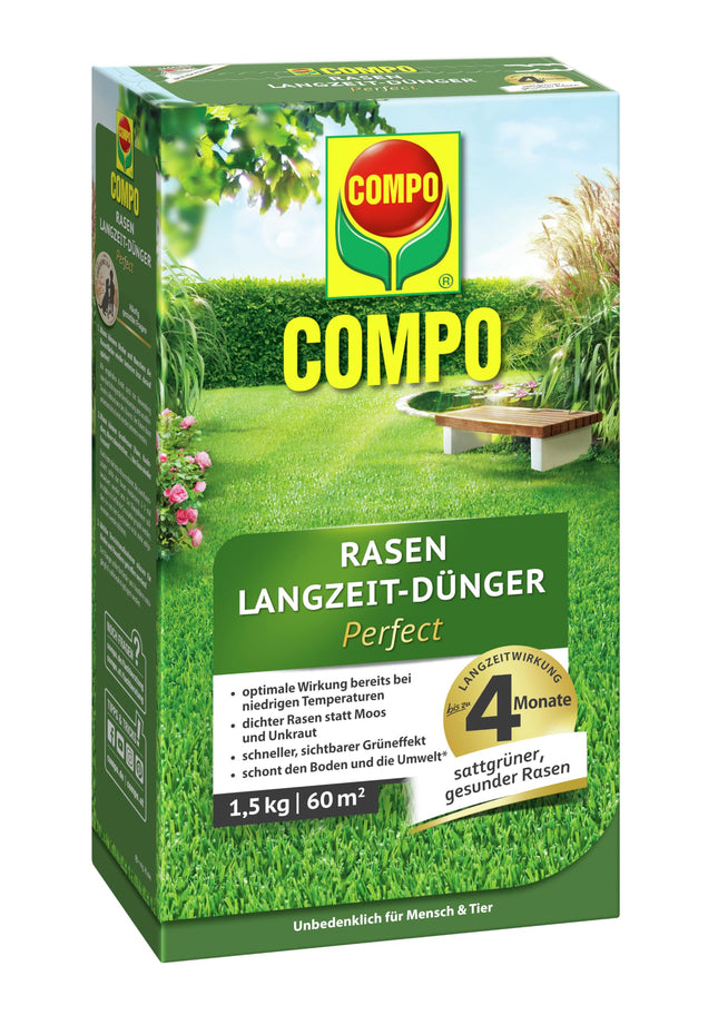 COMPO lawn fertilizer with long-term effect - No chance for moss and weeds - 1.5 kg for 60 m² - COMPO Lawn Long-Term Fertilizer Perfect