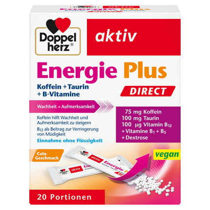 Doppelherz Energy Plus Caffeine + Taurine + B Vitamins DIRECT – With vitamins B1, B5 (pantothenic acid) and B12 to contribute to energy metabolism – 20 sachets