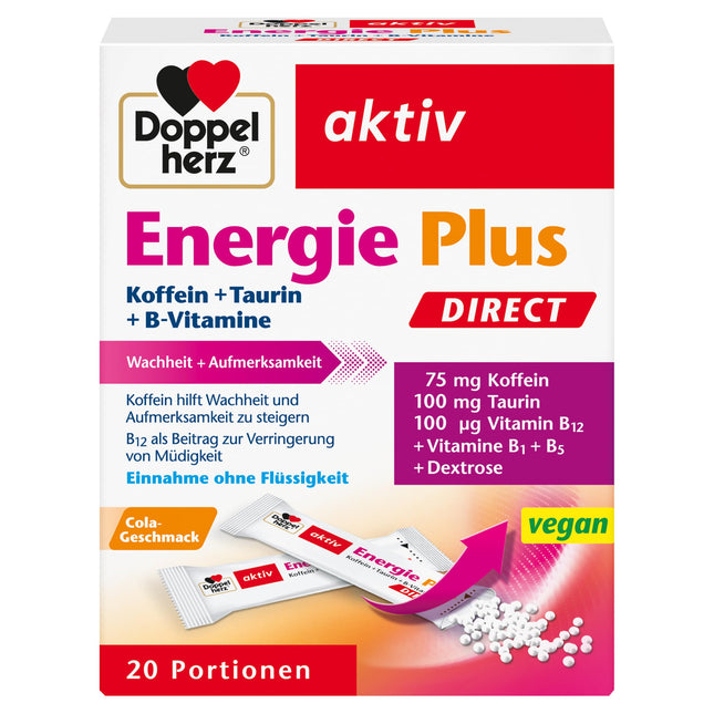 Doppelherz Energy Plus Caffeine + Taurine + B Vitamins DIRECT – With vitamins B1, B5 (pantothenic acid) and B12 to contribute to energy metabolism – 20 sachets
