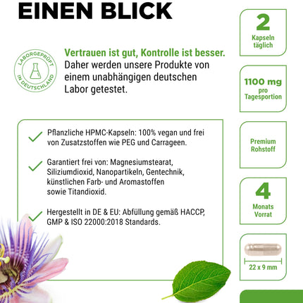 Passionflower Extract - 240 Capsules - Premium: 1100 mg extract 10:1 (equivalent to 11000 mg passionflower) per daily serving - Extra high dosage - No unwanted additives - Vegan - Laboratory tested