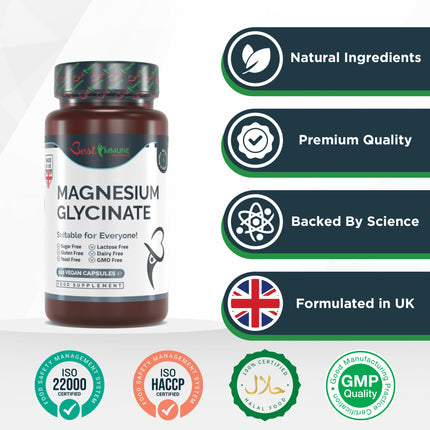 Natural Magnesium Glycinate 500mg Premium Quality 100 Vegan Capsules Perfect Proportions Highest Bioavailability