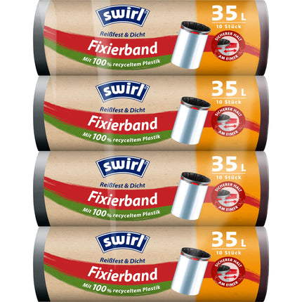 Swirl Tear-resistant &amp; Sealing Fixing Tape Garbage Bags 35 l (4 x 10 bags), drip-proof garbage bags for household waste, tear-resistant garbage bags for a secure hold on the garbage can