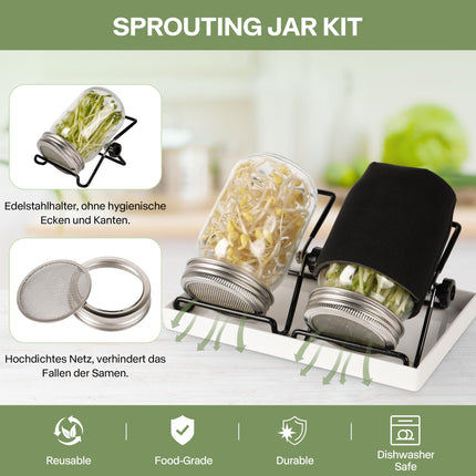 Sprouting Bottle Set of 2 for Seeds, Container for Home Growing with Sprouting Jar &amp; Stainless Steel Sieve – Includes Drainage Stand for Broccoli Sprouts, Alfalfa, Microgreens | Ideal for Sprouting Jars