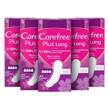 CAREFREE Plus Long unscented panty liners (5 x 40 pcs), super absorbent to lock in fluids instantly, size Plus Long
