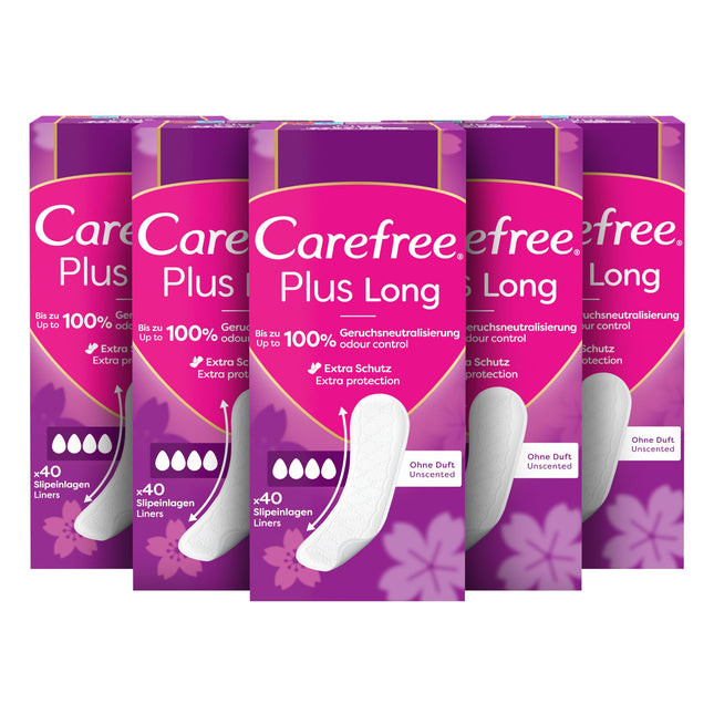 CAREFREE Plus Long unscented panty liners (5 x 40 pcs), super absorbent to lock in fluids instantly, size Plus Long