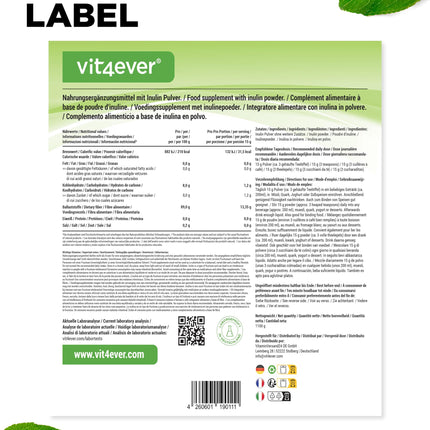 Prebio Inulin Powder - 1100 g (1.1 kg) - High in fiber - Prebiotic - Residue-controlled - Origin: Europe - Naturally derived from chicory root - 100% Vegan