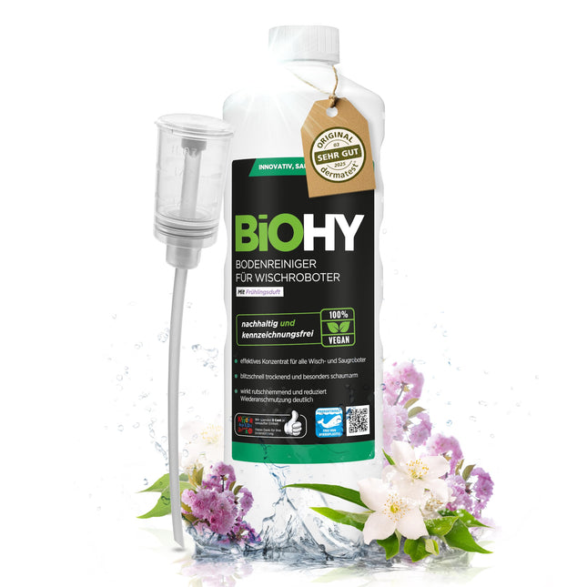 BiOHY floor cleaner for all robot mops with spring scent (1l bottle) + dispenser | Low-foam &amp; streak-free | Cleaning agent concentrate for all floors
