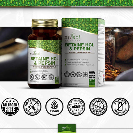 Ezyleaf Betaine HCL Pepsin 680mg | 120 Vegan Betaine HCL Capsules | Betaine Hydrochloride with Pepsin | Digestive Enzymes | No Artificial Ingredients | ISO Certified, Gluten &amp; GMO Free | From the UK
