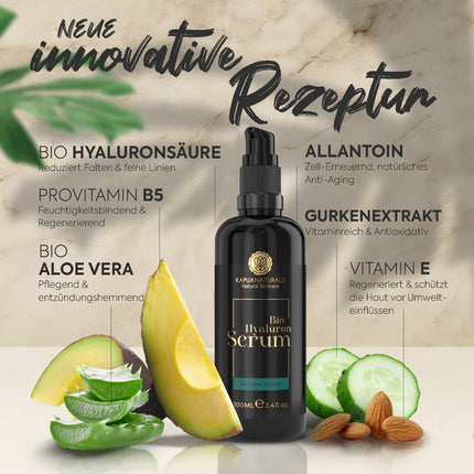 Organic hyaluronic serum with high dosage • 100ml + Vit E &amp; B5 • 7-fold hyaluronic acid serum for the face ✓100% vegan &amp; organic ✓Anti-aging concentrate ✓Anti-wrinkle serum natural cosmetics ✓Made in Germany ✓Hyaluronic acid serum