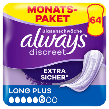 Always Discreet Incontinence Pads Long Plus Monthly Pack for Bladder Weakness, 64 Pads (8 Packs x 8)