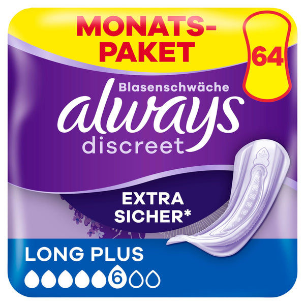 Always Discreet Incontinence Pads Long Plus Monthly Pack for Bladder Weakness, 64 Pads (8 Packs x 8)