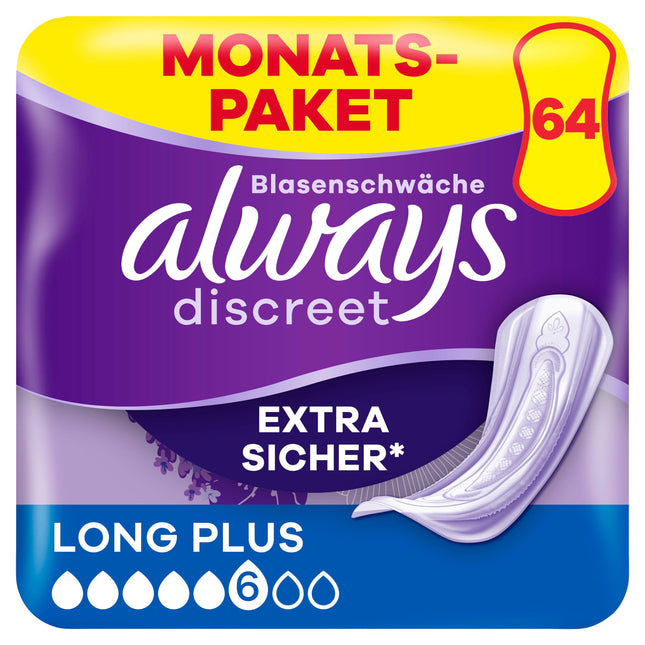 Always Discreet Incontinence Pads Long Plus Monthly Pack for Bladder Weakness, 64 Pads (8 Packs x 8)