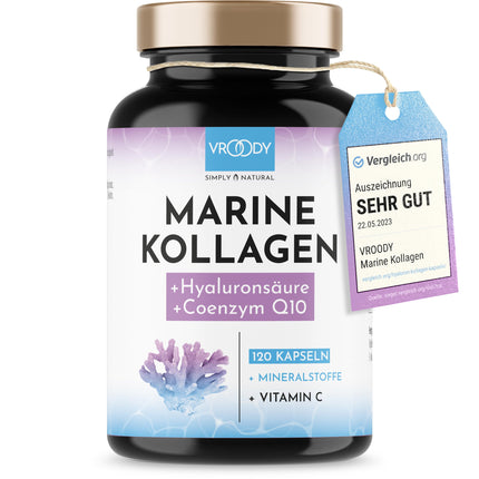 Premium Marine Collagen Combo 1000mg + Q10, hyaluronic acid, copper, manganese, vitamins C, zinc, and biotin contribute to the maintenance of normal skin and hair; Made in Austria by VROODY - test result: VERY GOOD!