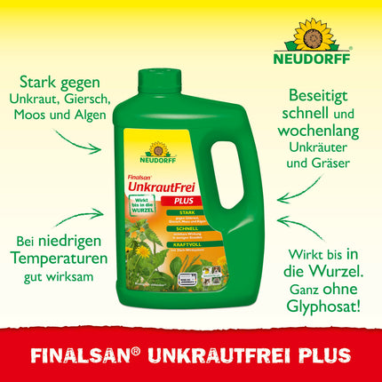 Neudorff Finalsan UnkrautFrei Plus Concentrate, a powerful weed killer that works right down to the root. Fast-acting weed remover, 1 x 2 liters, green