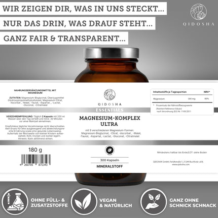 QIDOSHA® Magnesium Complex high-dose, 300 capsules in a pharmacist's glass, 9 Mg forms with complementary active ingredients as a full-spectrum Mg, 300mg elemental magnesium/daily serving