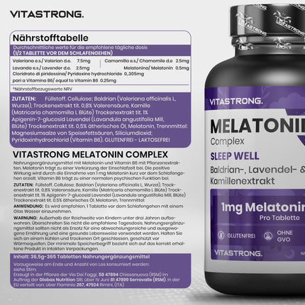 Melatonin Vitastrong Complex, 365 micro-tablets, high dose with chamomile, valerian, lavender and vitamin B6, melatonin tablets for sleep quality and jet lag, sugar-, gluten- and GMO-free