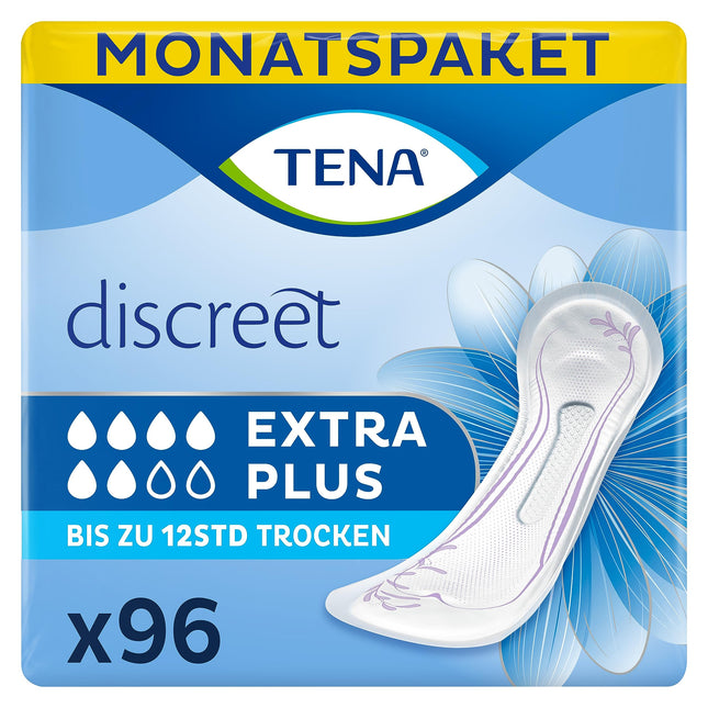 TENA Discreet Extra Plus - 96 pads in a monthly pack (6 x 16 pads), individually wrapped - feminine sanitary pads - for moderate bladder weakness and incontinence