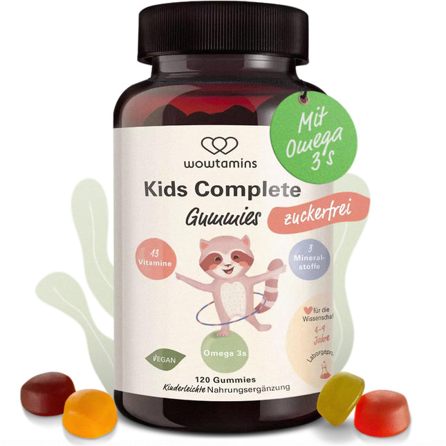 wowtamins Kids Complete sugar-free - Vegan Multivitamin Gummies with Omega 3 (30-day supply) - Vitamins for children - Food supplement for the immune system with vitamins C, D3, B12, zinc &amp; more