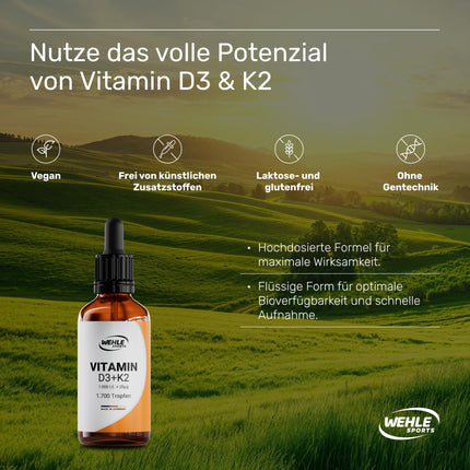 Vitamin D3 K2 Drops High Dose [1000 IU] - Vit D3 K2 High Dose - Vitamin D K2 - Vitamin D3 K2 Oil - Vitamin D3 K2 1000 IU - 50ml 1700 Drops - Highly Bioavailable - LABORATORY TESTED Wehle Sports®
