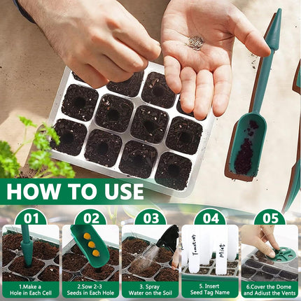 MOYKSRR Indoor Greenhouse Propagator, 10 Pieces 120 Cells Mini Greenhouse Propagation Set with 2 Garden Tools, 3 Shovels, 20 Labels, Propagation Tray with Lid and Ventilation, Balcony Seedling Plant