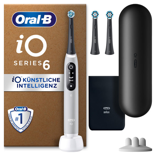 Oral-B iO Series 6 Plus Sensitive Edition Electric Toothbrush, PLUS 3 brush heads, 5 brushing modes for dental care, travel case, Designed by Braun, grey opal