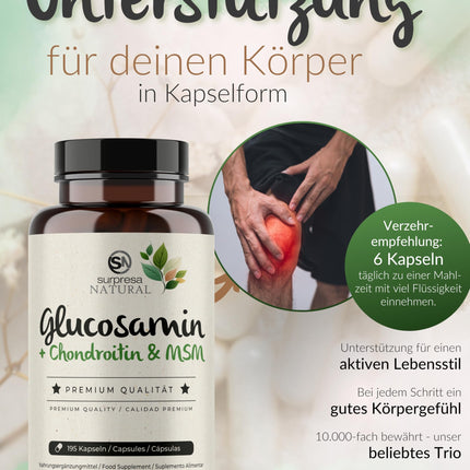 Surpresa Natural Glucosamine Chondroitin &amp; MSM Capsules High Dose I 3 x 195 Capsules I 4500 mg per daily dose I Dietary supplement without additives &amp; laboratory tested I 1 month supply