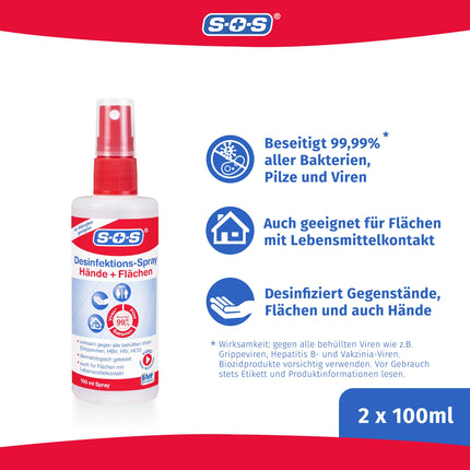 SOS Disinfectant Spray, 2 x 100 ml spray bottle, hand disinfection against 99.99% of bacteria, fungi and viruses*, suitable for disinfecting surfaces and objects