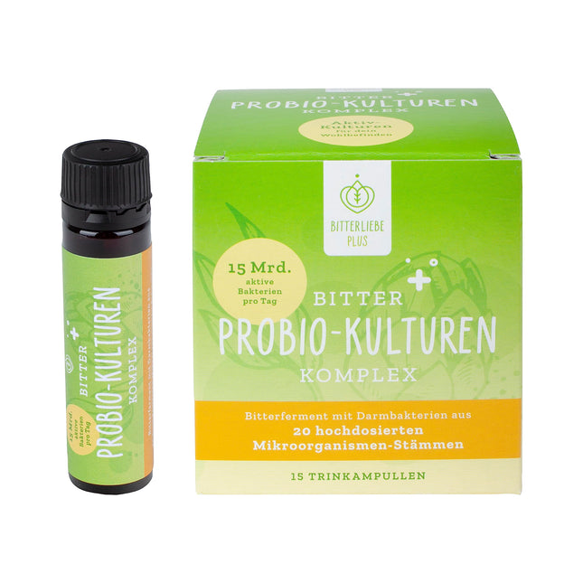 BitterLiebe® Bitter Probio-Cultures Complex - liquid intestinal bacteria - enteric-coated product with 20 bacterial strains and 15 billion bacteria - 15x 15ml drinking ampoules