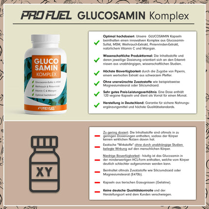 Glucosamine Complex High Dose, 120 Capsules, High-quality matrix with glucosamine, frankincense, MSM, pine bark, manganese and natural vitamin C from rosehip extract, optimally high dosage, one-month supply