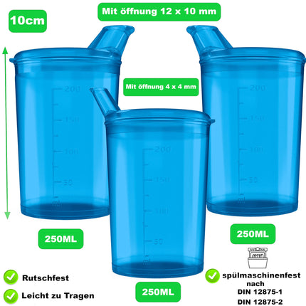 3x Sippy Cups with Lids 250ml Yellow Sippy Cup Seniors Set of 3x Cups with 3x Lids (2x with opening 12 x 10 mm and 1 x with opening 4 x 4 mm) Drinking Cup with Lid - Drinking Cup Baby (Blue)