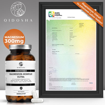 QIDOSHA® Magnesium Complex high-dose, 300 capsules in a pharmacist's glass, 9 Mg forms with complementary active ingredients as a full-spectrum Mg, 300mg elemental magnesium/daily serving