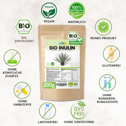 EWL Natural Products Inulin Powder ORGANIC 200g, fiber powder obtained from agave, inulin powder organic from controlled organic cultivation