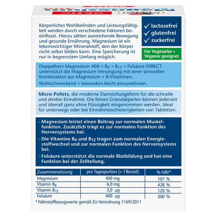 Doppelherz Magnesium 400 + B6 + B12 + Folic Acid DIRECT - Magnesium supports the normal function of muscles and the nervous system - 40 vegan servings