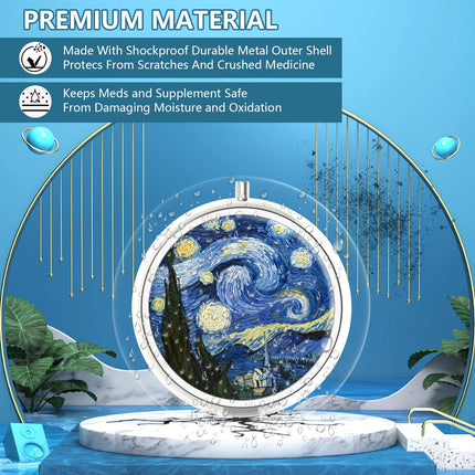 Pill Box 3 Compartments Medicine Pill Box, Portable Pill Box for Pocket or Purse Pill Box Decorative Metal Medicine Vitamin Organizer Unique Gift (Van Gogh Starry Night)