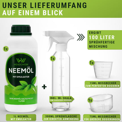 WENDOWERK® Neem Oil [1000ml] - Includes spray bottle and measuring cup - Neem oil with emulsifier for direct application - Neem oil for natural plant care for indoor and outdoor use