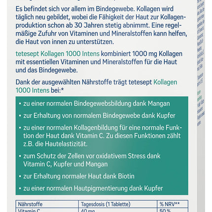 tetesept Collagen 1000 Intens – 1 x 30 tablets – Dietary supplement with collagen, vitamin C, biotin, copper &amp; manganese – For connective tissue and a beautiful complexion