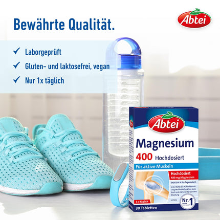 Abtei Magnesium 400 - high-dose magnesium - for active muscles - gluten-free, lactose-free, and vegan - 30 tablets