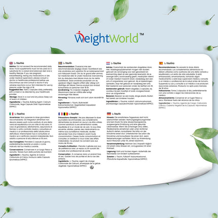 L-Taurine Capsules - 1000mg per day - 180 vegan amino acid capsules - 2 L-Taurine Amino Acid Capsules - 3-month supply - Alternative to powder or tablets - WeightWorld